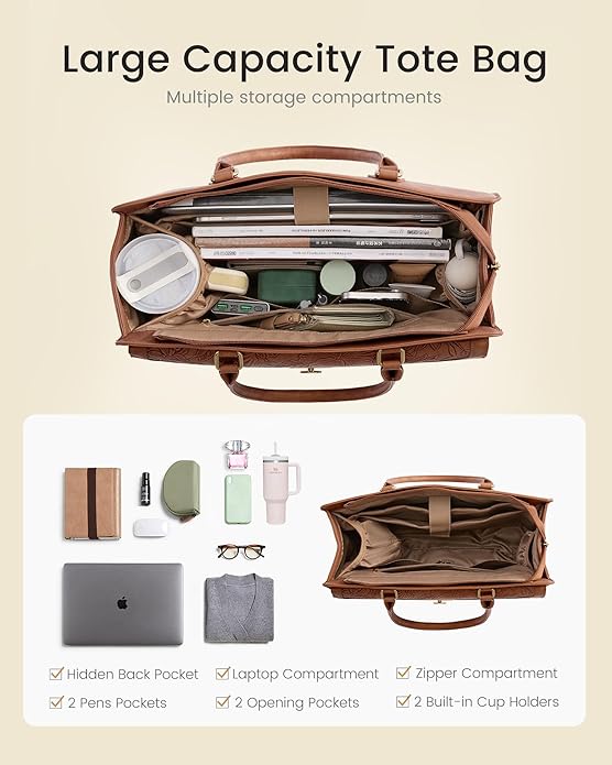 LOVEVOOK Laptop Tote Bag for Women - PU Leather Vintage Work Tote Bag,Waterproof Business Teacher Bag with Large Cup Holder