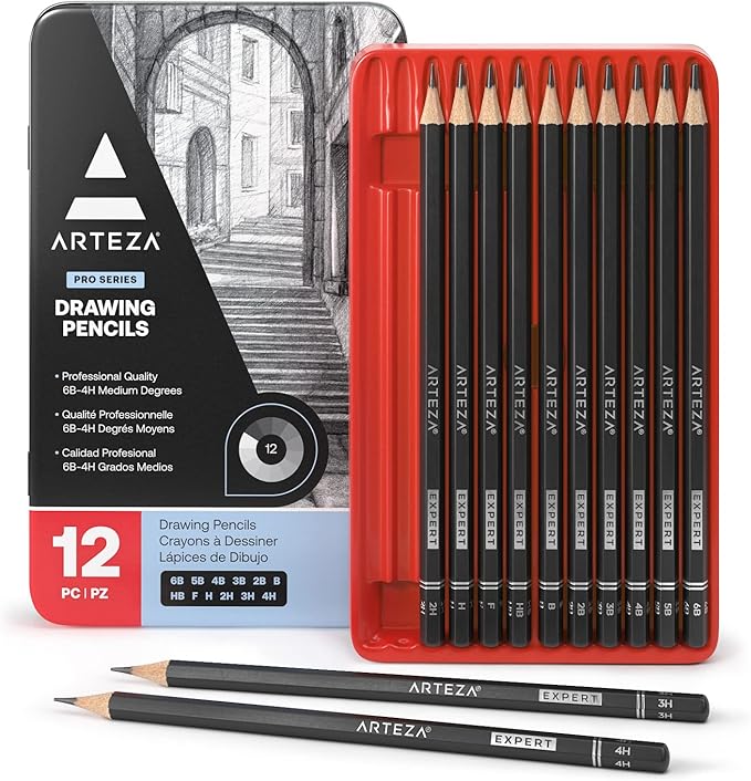 ARTEZA Drawing Sketch Pencils, Set of 12, Medium Hardness (6B - 4H), Graphite Pencils for Sketching and Drawing