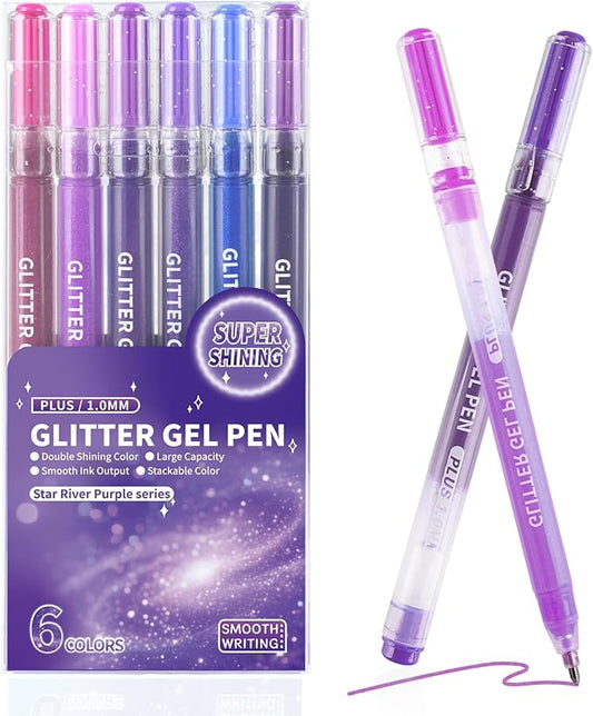 Glitter Gel Pens, 6 Colors Double Shining Colors Purple Glitter Metallic Gel Ink Pen with 1.0 mm Large Capacity Smooth Writing Color Pens for Adult Coloring Note, Drawing, Art Supplies