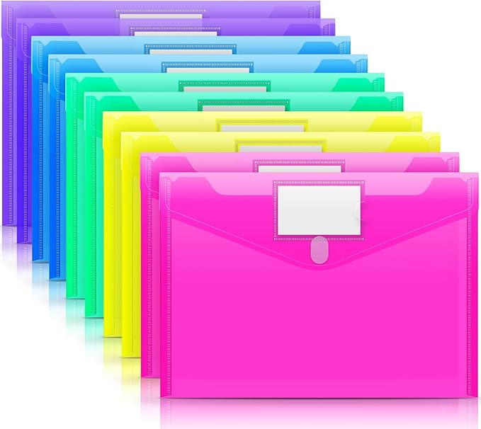 Sooez 10 Pack File Folders, Clear Poly Envelopes Plastic Folders, Folder for Documents Letter A4 Size with Label Pocket, Teacher School Office Supplies Organization Storage, Assorted Color