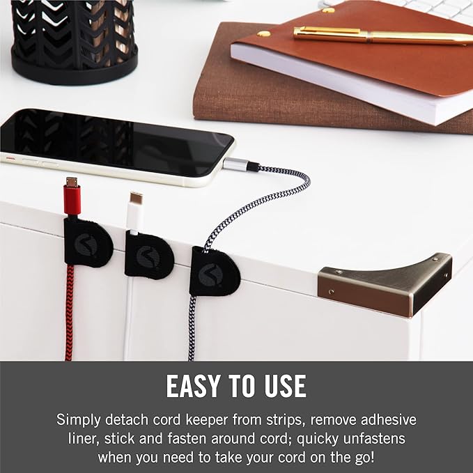 VELCRO Brand Cord Keepers | Charging Cord Organizer, Cord Holder for Nightstand, Desk | Removable Adhesive Backing | Soft Nylon Cable Clips | 5pk, Black