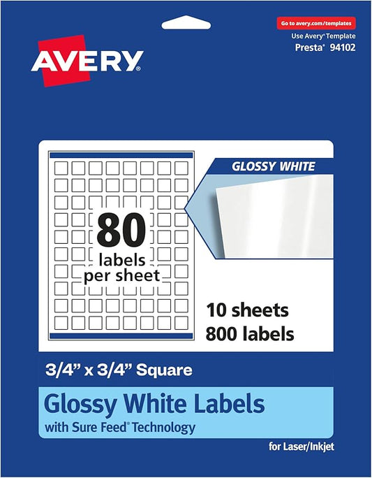 Avery Glossy White Square Labels, Sure Feed Technology, 3/4" x 3/4", 800 Glossy White Labels, Print-to-The-Edge, Permanent Adhesive, Laser/Inkjet Printable