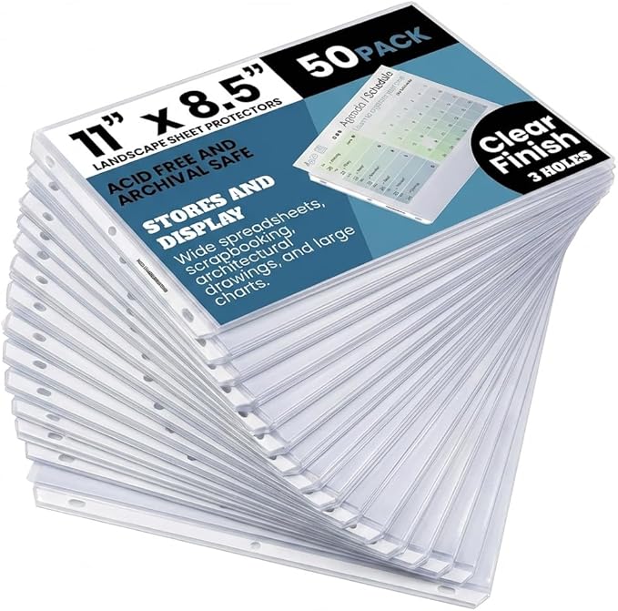 Performore 50 Sheet Protectors, Landscape Clear Sheet Protectors 8.5 X 11 Inch for 3 Ring Binder, Plastic Sheet Sleeves, Top Loading with 3 Hole-Punched Archival Safe, Non-Stick and Long-Lasting