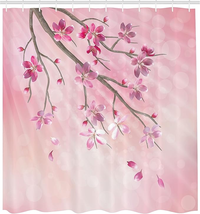 Ambesonne Nature Shower Curtain, Illustration of Spring Tree Branch with Blossoms Sun Beams on Blurred Background, Cloth Fabric Bathroom Decor Set with Hooks, 69" W x 70" L, Pink Fuchsia