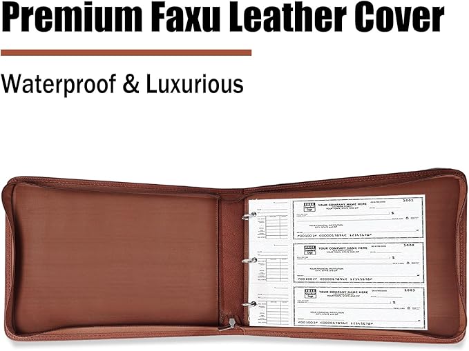 LLi Cufite 3 Rings Check Binder for End-Stub Deskbook Checks, Zipper Business Check Binder, 3 on a Page, Fit 3 & 9 Holes Check Faux Leather (Brown)