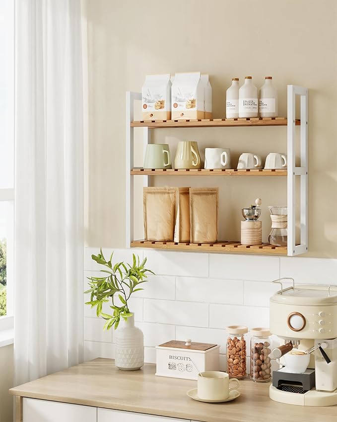 SONGMICS Bamboo Bathroom Shelf, 3-Tier Adjustable Plants Rack, Wall-Mounted or Stand, in The Living Room, Balcony, Kitchen, 5.9 x 23.6 x 21.3 Inches, Natural and Cloud White UBCB13WN