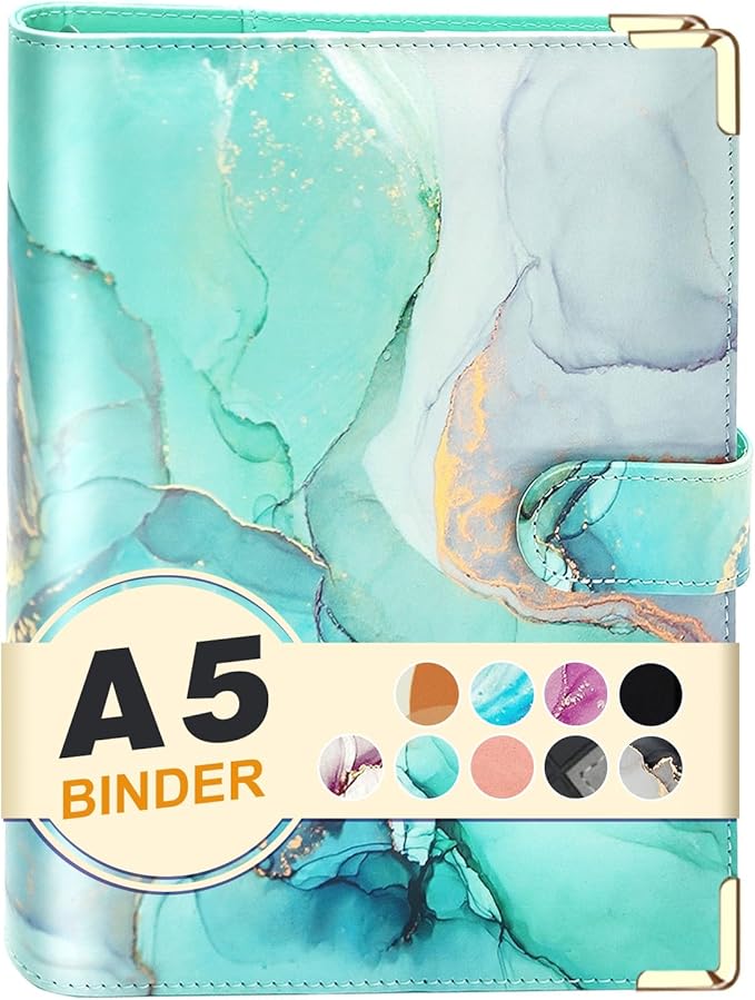 A5 Refillable 6 Ring Faux Leather Budget Binder,Mini Notebook Binder Cover for A5 Filler Paper,Loose Leaf Personal Planner Cover with Magnetic Buckle Closure (Marble Green)