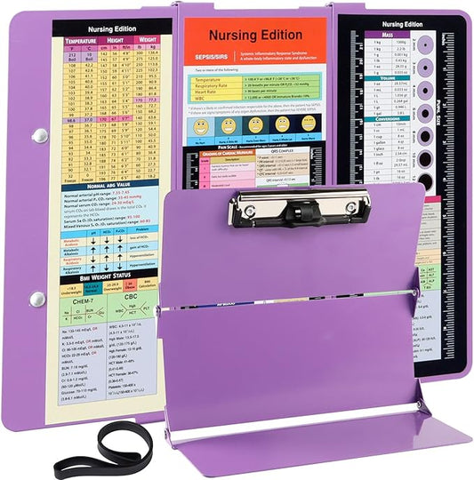 Foldable Nursing Clipboard with Storage - Portable & Compact Medical Clipboard for Nurses, Doctors, and Students - Includes Medical Reference Cheat Sheets and Pen Holder(Purple)