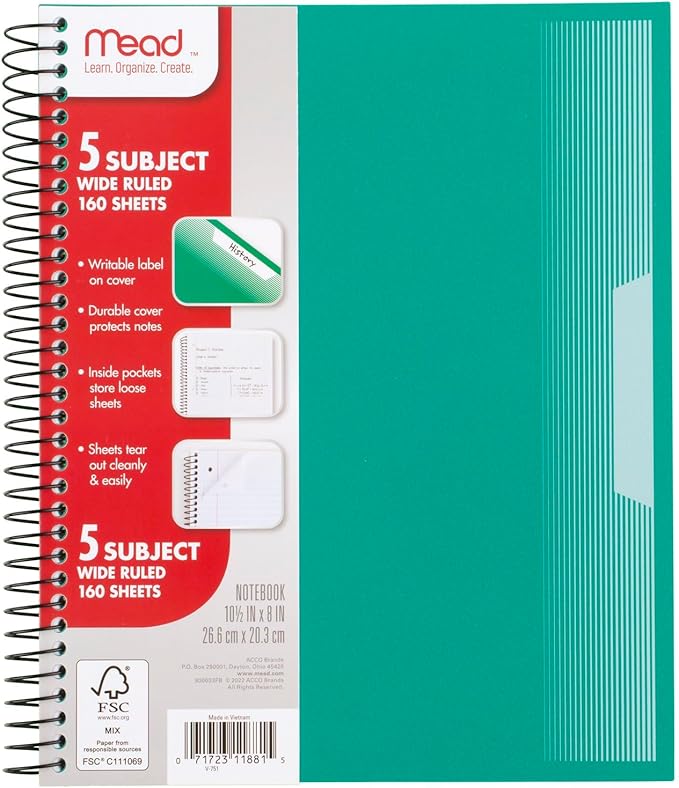 Mead Spiral Notebook, 5 Pack, 5 Subject, Wide Ruled Paper, Plastic Cover, 8" x 10-1/2", 160 Sheets per Notebook, Black, Red, Blue, Green and Yellow (930101A-ECM)