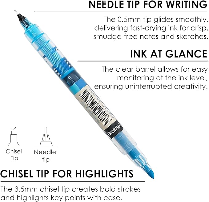 Grabie Dual Tip Notetaking Pens (3.5mm Chisel + 0.5mm Needle), Dual Tip Highlighter Markers for Journaling, Colored Pens for Note Taking and Adult Coloring Books (2 value pack)