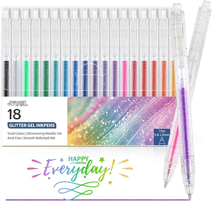 Glitter Gel Pens, 18 Colors Metallic Vibrant Sparkle Pen for Coloring Journaling Drawing Doodling Colored Pen Colored Gel Pens Fun Pens 0.8-1mm