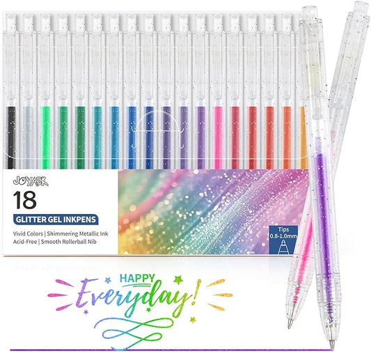 Glitter Gel Pens, 18 Colors Metallic Vibrant Sparkle Pen for Coloring Journaling Drawing Doodling Colored Pen Colored Gel Pens Fun Pens 0.8-1mm