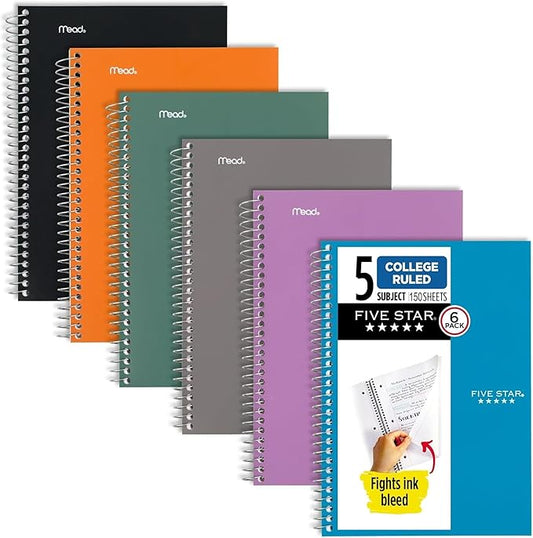 Five Star Spiral Notebook, 5 Subject, College Ruled Paper, 6" x 9-1/2", 150 Sheets, Selected Colors Will Vary, 6 Pack (840030A)