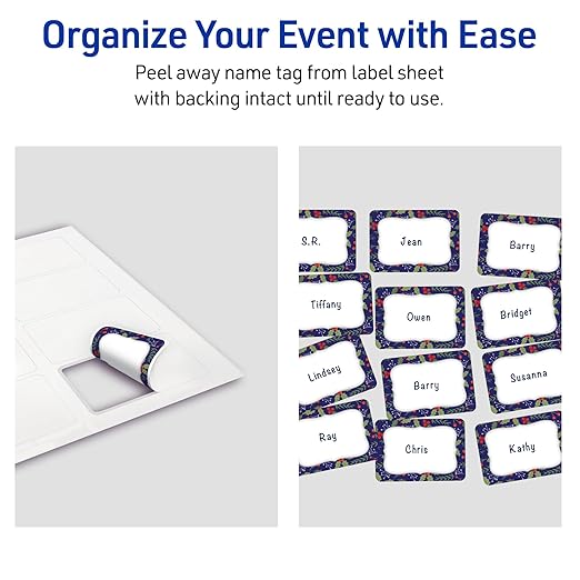 Avery Printable Christmas Adhesive Name Badges, Rectangle, 2-1/3" x 3-3/8", Pre-Printed Navy Border with Silver Metallic Frame Design, Matte White, Laser & Inkjet Compatible, 80 Total
