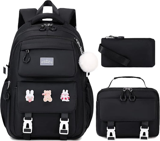 3PCS Girls Backpack for School, Kids Backpack for Girls with Lunch Box Pencil Case Set for Teen Girl Elementary Primary Middle High College School Bookbag with Cute Pins (Black)