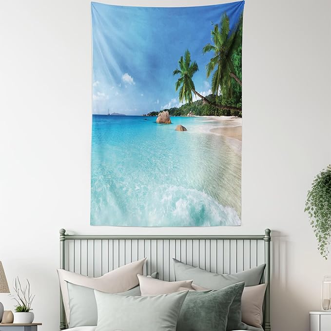 Ambesonne Ocean Tapestry Twin Size, Anse Lazio Beach at Praslin Island Surfing Beach Scenic View Travel, Wall Hanging Bedspread Bed Cover Wall Decor, 68" X 88", Blue and Turquoise