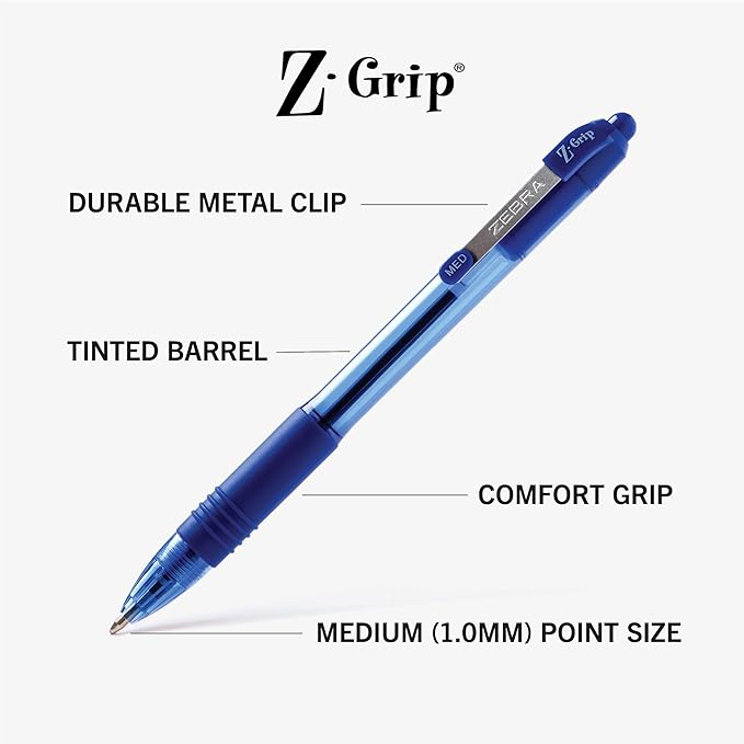 Zebra Pen Z-Grip Retractable Ballpoint Pen, Smooth-Flowing Blue Ink, 1.0mm Medium Point, School & Office Supplies, Ideal for Note-Taking, Journal and Planner Use, 48-Pack (22248)