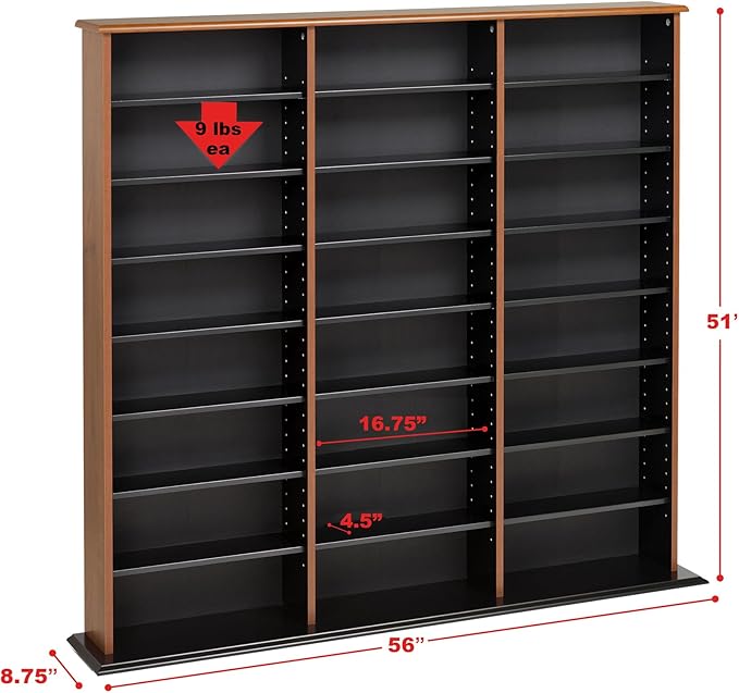 Prepac 3 Column Tall Storage Cabinet, Cherry & Black Storage Cabinet with 21 Adjustable Shelves Display DVD Perfect for Living Room, 8.75" D x 56" W x 51" H
