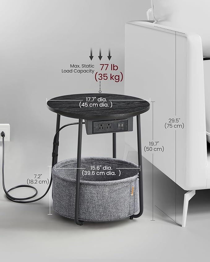 VASAGLE LILEA Collection - Side Table with Charging Station, Round End Table with Fabric Basket, Nightstand with USB Ports, for Living Room, Bedroom, Modern, Ebony Black and Slate Gray ULET228B01