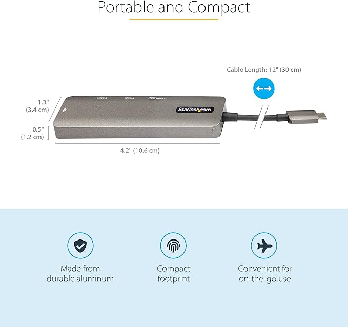 StarTech.com USB C Multiport Adapter - USB-C to HDMI 2.0b 4K 60Hz (HDR10), 100W Power Delivery Pass-Through, 4-Port USB 3.0 Hub - USB Type-C Mini Dock - 12" (30cm) Long Attached Cable (DKT30CHPD3)