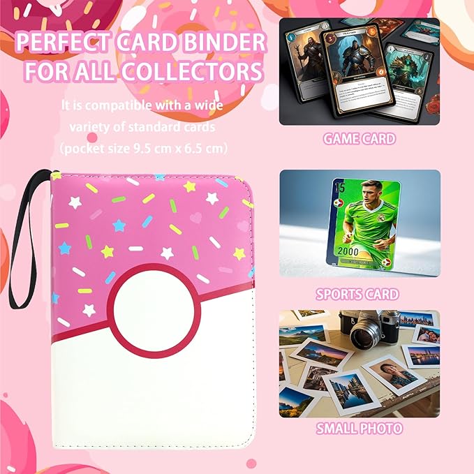 9 Pocket Card Binder 900 Card Holder Album, Pink Donut Trading Cards Holder Zipper Binder for Girl Teen Collection (Pink Donut, 900 Pocket)