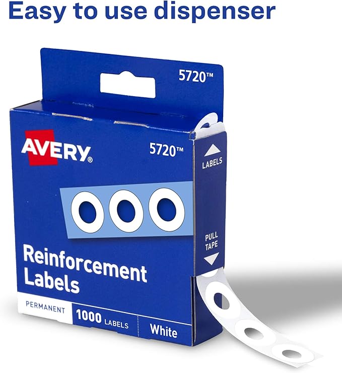 Avery Self-Adhesive Hole Reinforcement Stickers, 1/4" Diameter Hole Punch Reinforcement Labels, White, Non-Printable, 1,000 Labels Total (5720)