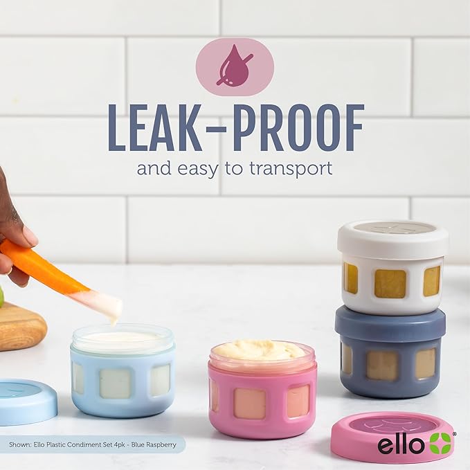 Ello Reusable Condiment Containers 4oz each with Screw-on Leak Proof Lid | Perfect for Salad Dressing Sauce Dips Lunchbox Picnic Travel Bento Box | BPA-Free | Dishwasher Safe