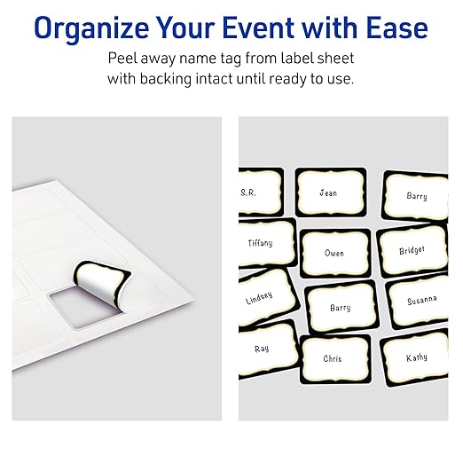 Avery Printable Adhesive Name Badges, 2-1/3" x 3-3/8", Pre-Printed Black Border with Metallic Gold Flourish Design, Matte White, Laser & Inkjet Compatible, 80 Total
