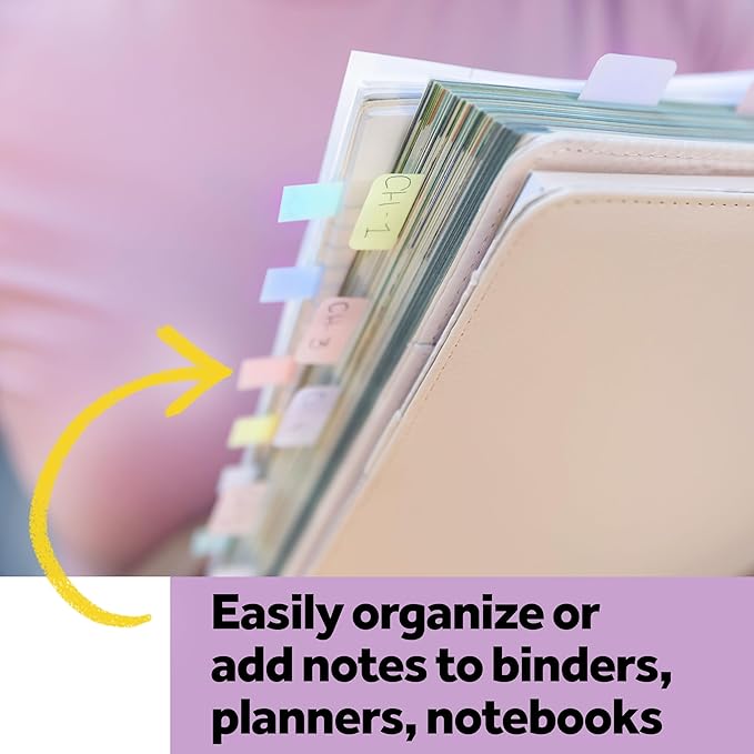 Post-it Sticky Tabs, 1 in. x 1.5 in., 3 Pads of Book Tabs in Assorted Warm Pastel Colors for Bookmarking, Annotating, Reading, and Reminders, Orange, Yellow, and Purple Colors (36 Total Count)