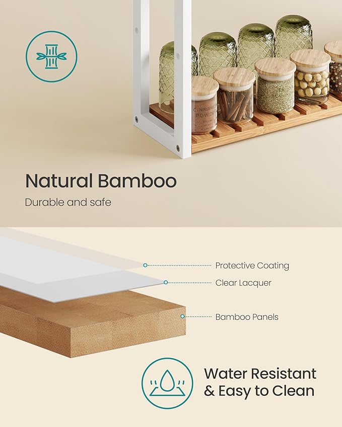 SONGMICS Bamboo Bathroom Shelf, 3-Tier Adjustable Plants Rack, Wall-Mounted or Stand, in The Living Room, Balcony, Kitchen, 5.9 x 23.6 x 21.3 Inches, Natural and Cloud White UBCB13WN