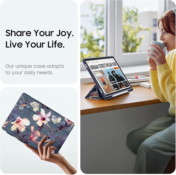 Fintie Hybrid Slim Case for Samsung Galaxy Tab S10 Lite/ S10 FE/ S9 FE 10.9 Inch/Tab S9 11 Inch with S Pen Holder, Shockproof Cover with Clear Transparent Back Shell, Auto Wake/Sleep,Blooming Hibiscus