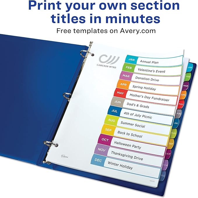 Avery Jan-Dec Dividers for 3 Ring Binders, 12 Tabs per Set, Customizable Table of Contents, Multicolor Arched Tabs, Great for Organizing Reports, Projects, and More (11847)
