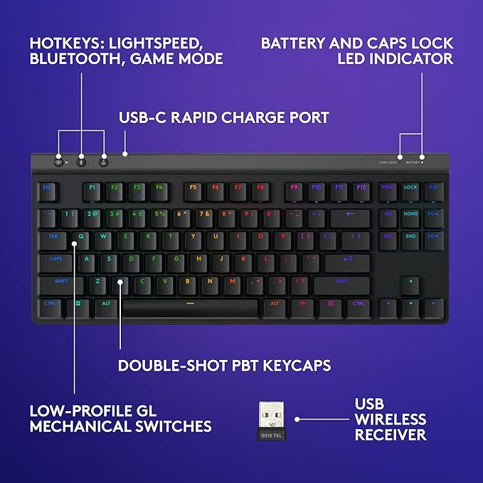 Logitech G515 Lightspeed TKL Low Profile Wireless Gaming Keyboard, LIGHTSYNC RGB, Thin Tenkeyless Design, PBT Keycaps, Tactile (Brown) Mechanical Switches - Black