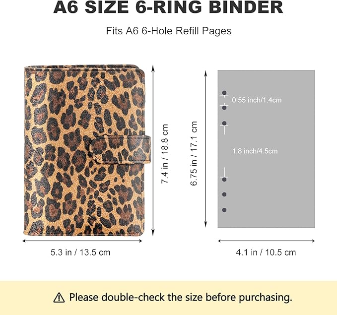 A6 Refillable 6 Ring Faux Leather Budget Binder,Mini Notebook Binder Cover for A6 Filler Paper,Loose Leaf Personal Planner Cover with Magnetic Buckle Closure (Leopard)