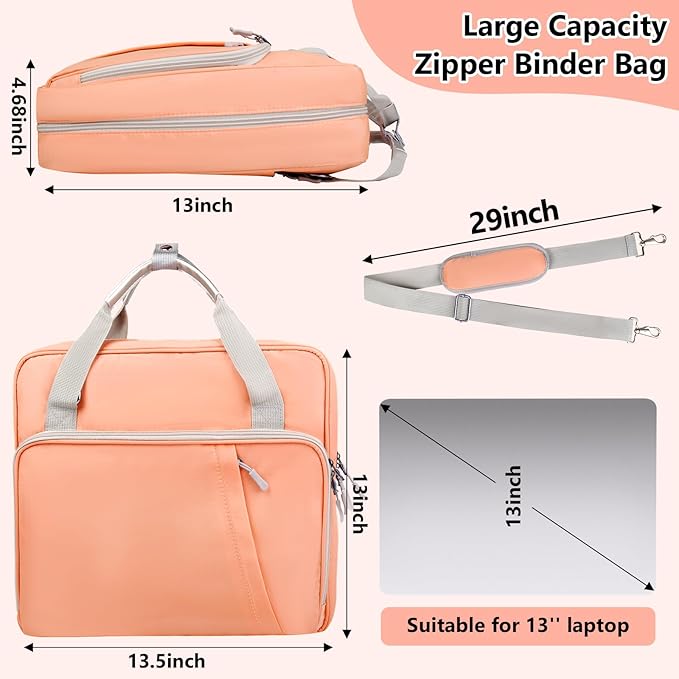 3 Ring Zipper Binder Bag 2 Inch with Shoulder Strap, Waterproof Nylon Binder with Zipper for 500 Sheet Capacity, Multi-Pocket Portfolio Organizer Case for 13 Inch Laptop Middle School (Peach)