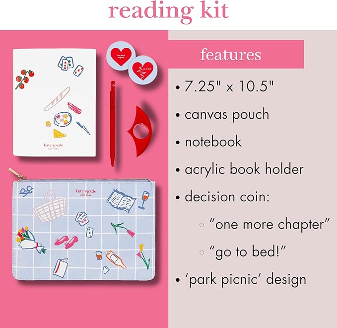 kate spade new york Reading Kit Set with Book Journal, Ballpoint Pen, Book Holder, Novelty Decision Coin, and Zipper Canvas Pouch (Park Picnic)