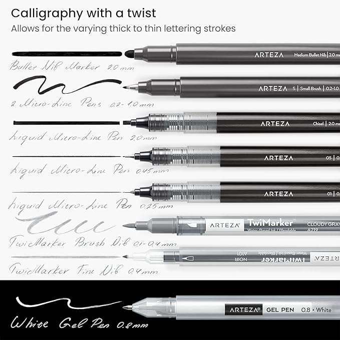 ARTEZA Hand Lettering Pens Set of 12 – Calligraphy and Brush Pens with Guidebook, Pencil, Eraser for Beginners Learning Hand Lettering and Decorative Writing