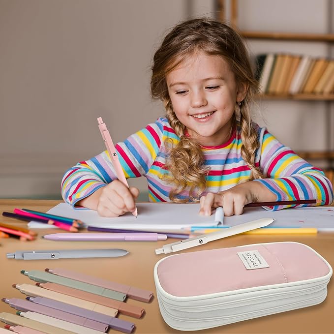 41 PCS Aesthetic School Supplies with Cute Pen Case, 5 Black Ink Gel Pens, 12 Pastel Highlighters, 6 Mechanical Pencils Set 0.5 & 0.7 mm for School Supplies Essentials (Pink)