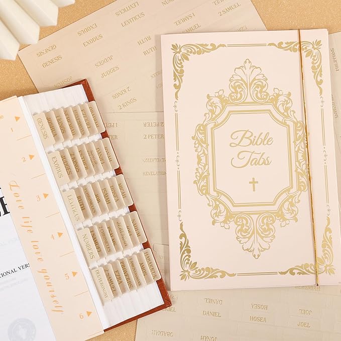 Leather Bible Tabs, Bible Tabs for Women and Men(Gold Foil Lettering) Large Print Stickers, Easy to Read and Apply, 66 Chapters & 14 Blank DIY Labels for Easy Navigation, Christian Accessories(Beige)