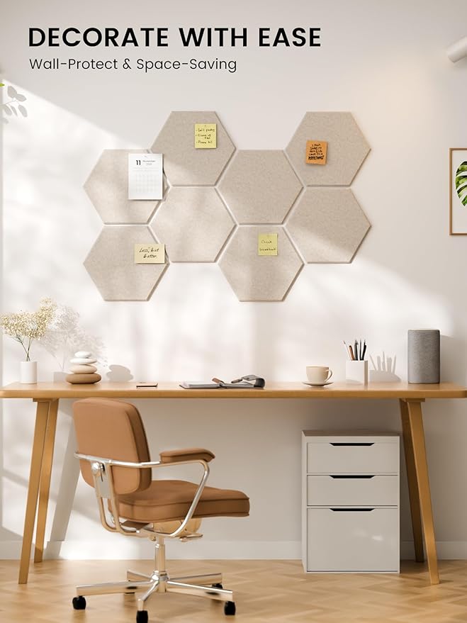 Fluxynara Hexagon Cork Board Alternative for Walls Decor-8-Pack Felt Bulletin Board Tiles,with 30 Pushpins,50 Adhesive Tabs for Office,Classrooms & Home Pin Board Felt Board-Oatmeal