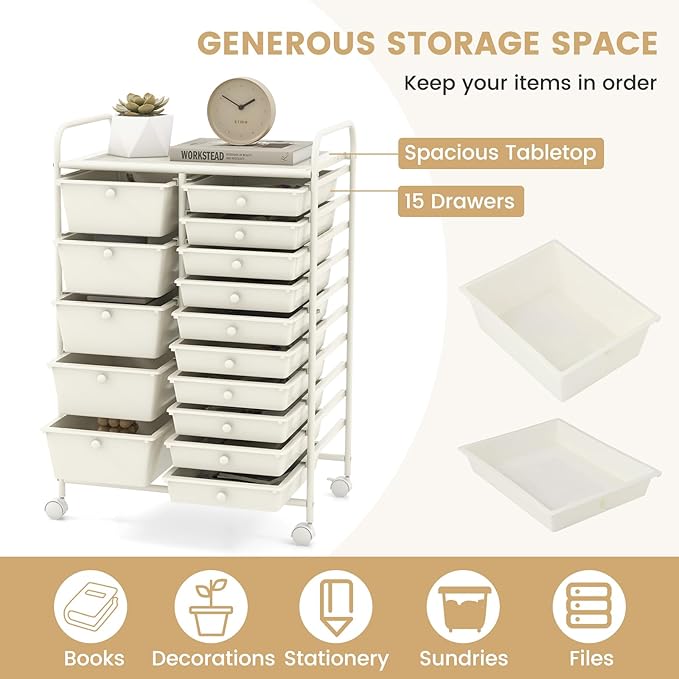 COSTWAY 15 Drawer Rolling Storage Cart, Mobile Utility Cart with Lockable Wheels, Drawers, Multipurpose Organizer Cart for Home, Office, School, White