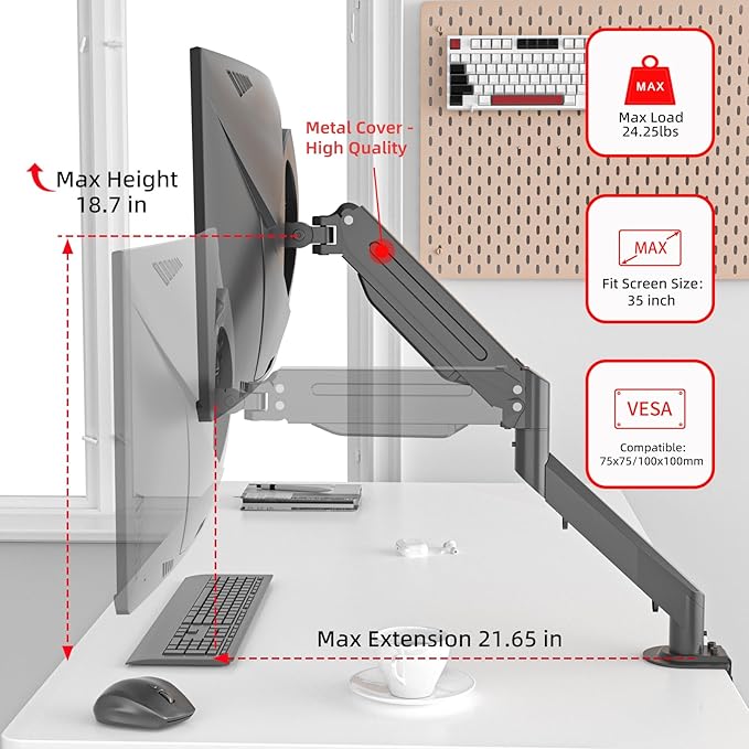 Suptek Monitor Mount Gas Spring Monitor Arm Desk Mount Fully Adjustable Fits 17 20 22 23 24 26 27 32 35 inch Monitors Weight Capacity up to 24.25 lbs