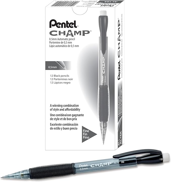 Pentel Champ Mechanical Pencil (0.7mm) Mechanical Pencil, Tinted Black Barrel, Box of 12 (AL17A)