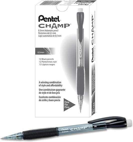 Pentel Champ Mechanical Pencil (0.7mm) Mechanical Pencil, Tinted Black Barrel, Box of 12 (AL17A)