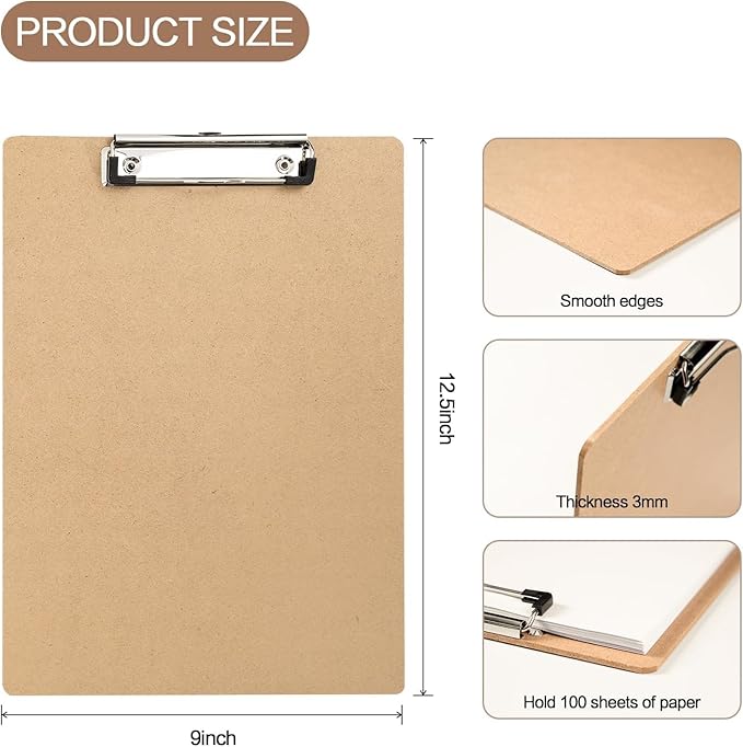 15 Pack Clipboard 9 x 12.5 Letter Size Clip Boards Bulk, A4 Wooden Hardboard Office Clipboards Pack for Classroom, Work-Meetings, Brown