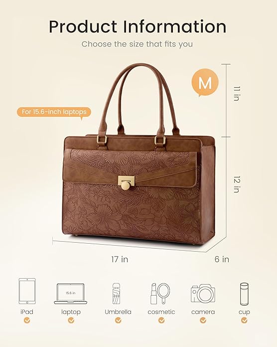 LOVEVOOK Laptop Tote Bag for Women - PU Leather Vintage Work Tote Bag,Waterproof Business Teacher Bag with Large Cup Holder
