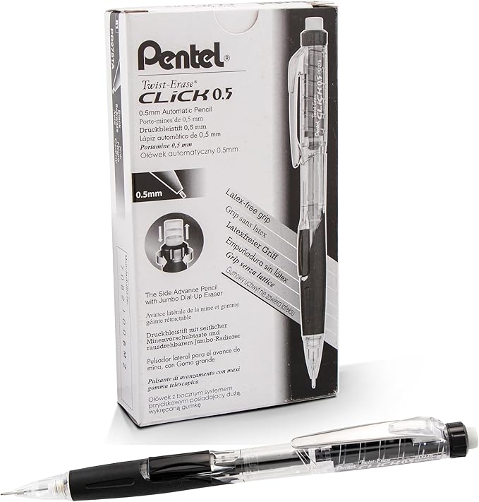 Pentel Twist Erase CLICK Mechanical Pencil, Pack of 12, (0.5mm), Clear Barrel, Black Grip, Box of 12 (PD275TA)