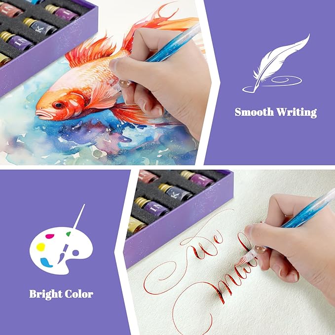 Glass Dip Pen Ink Set, 16pcs Calligraphy Fountain Pens Set, 2 Crystal Glass Pen, 12 Gold Powder Drawing Ink Drip Tool for Writing Signatures Art Christmas Gift, Calligraphy Kit for Beginners