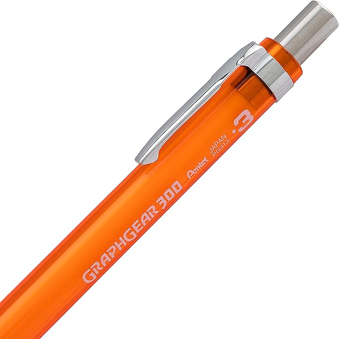 Pentel Arts GraphGear 300 Mechanical Pencil, (0.3mm) Extra-fine line, Orange Barrel, w/small block eraser + 1 lead tube