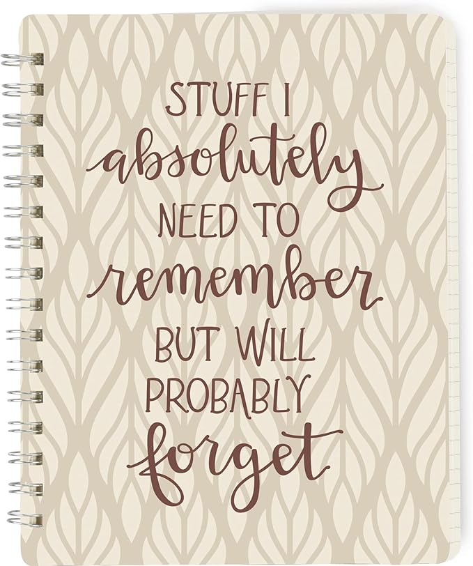 Fun & Stylish Spiral Notebook from Primitives by Kathy, Stuff I Will Forget, 120 Lined Pages for Easy Writing, 5.75 by 7.5 Inches, Funny Everyday Gift Ideas, Hand Illustrated Design, Leaf Pattern